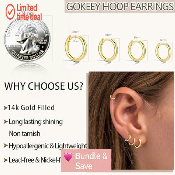 Small 14K Gold Plated Huggie Hoop Earrings Hypoallergenic Lightweight - Picture 5 of 8